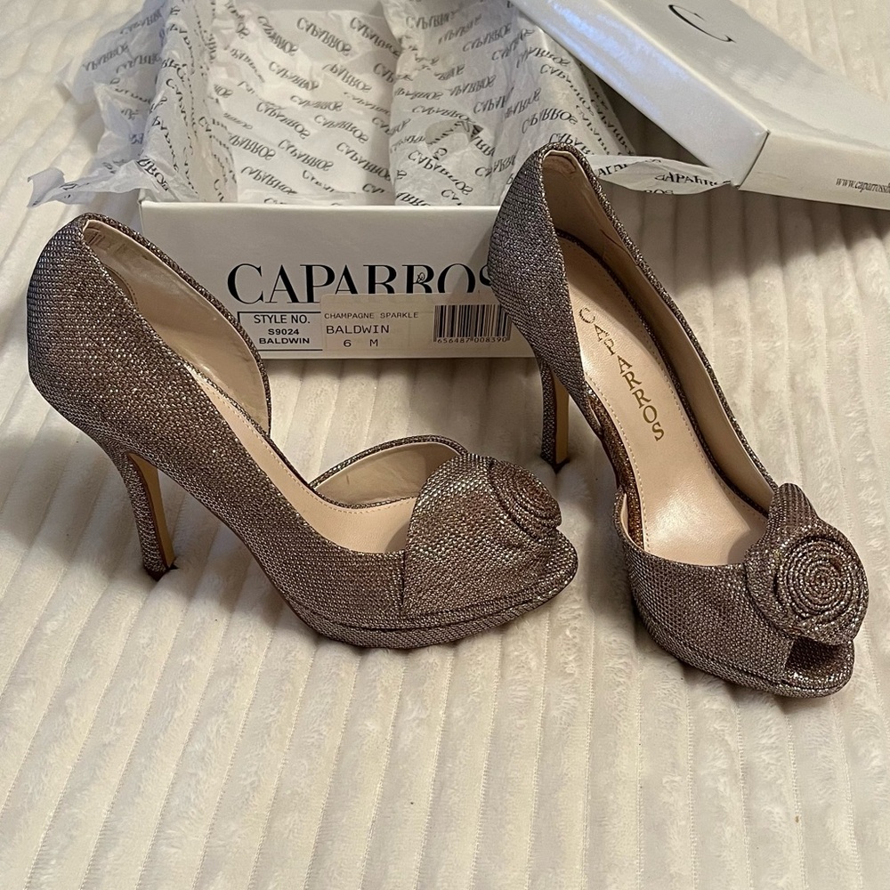 Caparros Champagne Sparkle Peep-Toe Heels with Rose Detail